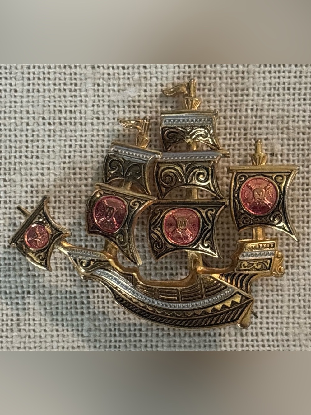 Vintage Damascene Gold And Red
Pirate Ship Pin Stamped Spain
